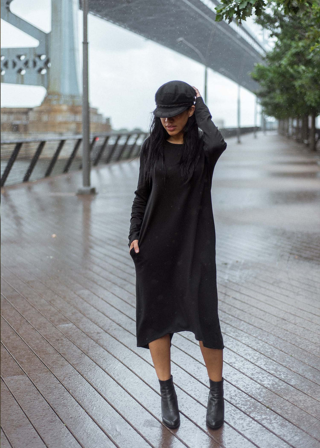 plume and thread-dress-black-faith supima model dress